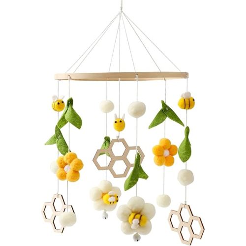 Baby Crib Mobile Wooden Wind Chime Bed Bell,Neutral Baby Crib Mobile,Baby Mobile for Crib,Handmade Baby Mobile,Bee Baby Ceiling Mobile Baby Nursery Decoration (Bee-2)