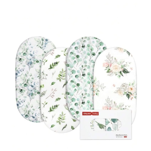 GLLQUEN BABY Bassinet Sheets 4 Packs, Breathable Cozy Fitted Mattress Sheet, Elastic Travel Crib Fashionable Floral Pattern, Standard Cradle Safe Sheets For Baby Boy Girls 32"X16"(Greenery)