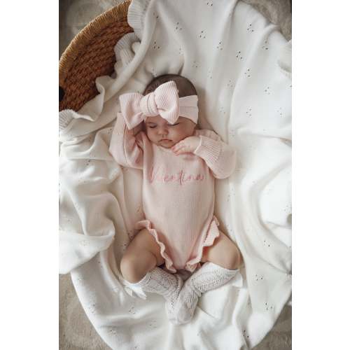 CLASSIC BIRTH ANNOUNCEMENT FRILL ROMPER - BABY PINK – Petite + Co