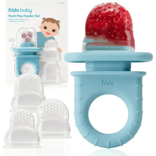 Frida Baby Push Pop Feeder, Baby Fruit Food Feeder to Safely Introduce New Foods, Fresh + Frozen, Silicone, BPA Free, Dishwasher Safe | 3 Count, Blue