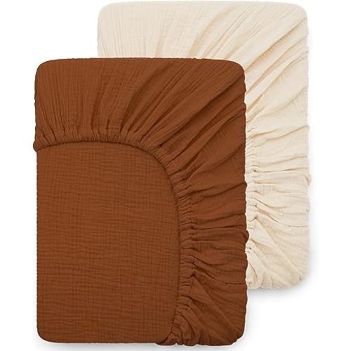 Pro Goleem 2 Pack Muslin Crib Sheets for Boys and Girls, 100% Cotton Soft Breathable Neutral Fitted Baby Bed Sheets Set for Standard Crib Mattress & Toddler Mattress 52"x28", (Brown＆Beige)