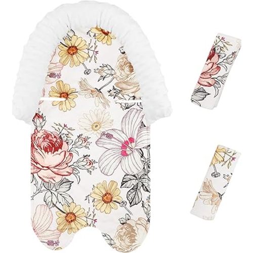 2-in-1 Baby Head Support and Strap Cover for Car Seat, Super Soft Mink Floral CarSeat Insert Cushion Headrest for Bouncers, Strollers, Swing