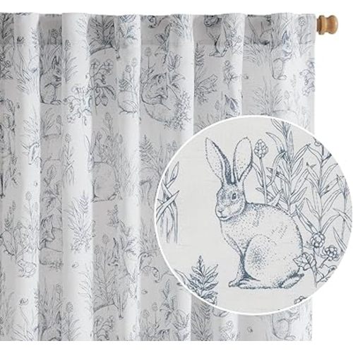 jinchan Blue Faux Linen Curtains 84 in Long Woodland Wildlife Print Nursery Drapes for Kid's Room Light Filtering French Country Farmhouse Curtains with Bunny and Forest Design Set of 2 Panels