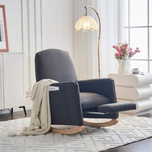 Beige Nursery Rocking Chair,Breastfeeding Chair,Best Nursery Chair For Small Spaces,Linen Fabric Rocking Chair With Leg Rest-Cuddlewood