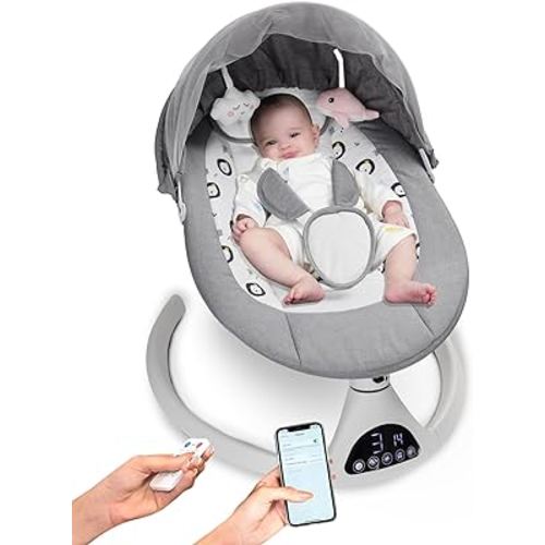 Baby Swing for Infants to Toddler Portable Babies Swing Timing Function 5 Swing Speeds Bluetooth Touch Screen Music Speaker with 10 Preset Lullabies 5-Point Carabiner Gray