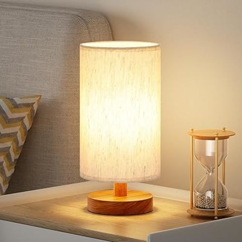 Fenmzee Small Table Lamp for Bedroom - Inline Control, Bedside Lamp with 3000K A15 LED Blub, Easy Assembly (Cream Shade - Walnut Base, 9" Inline Control)