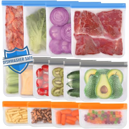 Lerine 14 Pack Dishwasher Safe Reusable Bags Silicone, Leakproof Reusable Freezer Bags, BPA Free Reusable Storage Bags for Lunch Marinate Food Travel - 4 Gallon 6 Sandwich 4 Snack Bags
