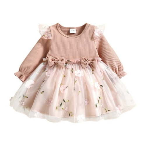 PatPat Baby Girl Pink Mesh Dress Set,Ribbed Long Sleeve Splicing Floral Appliques Princess Dress Pageant Party Birthday Wedding Flower Girl Dress,0-3T