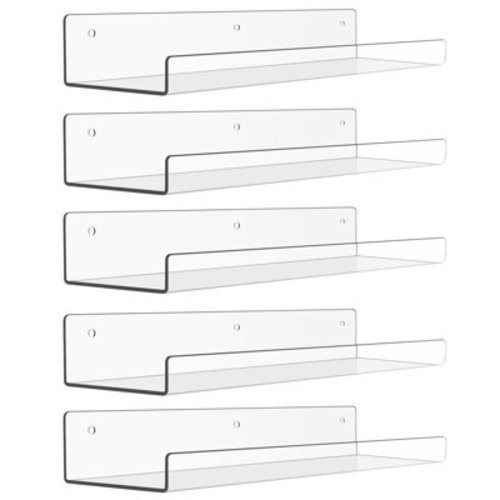 15" Acrylic Floating Shelves Wall Mounted, Upsimples 5pack Clear Acrylic Shelves, for Bedroom, Living Room, Bathroom, Kitchen
