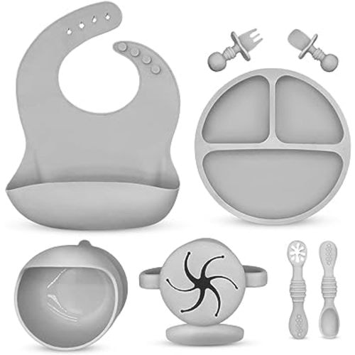 Baby Led Weaning Supplies - Silicone Baby Feeding Set - Suction Bowl Bib Divided Plate Cup snack cup Self Feeding Spoons - Toddler Baby Dish set Eating Utensils baby eat essentials (GRAY)