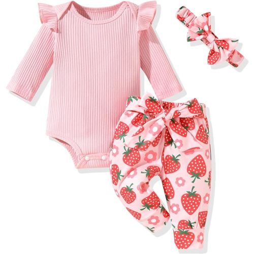 Aalizzwell Preemie Newborn Infant Baby Girls Clothes Ribbed Romper Bodysuit Pants Set Fall Winter Outfits - 3-6 Months
