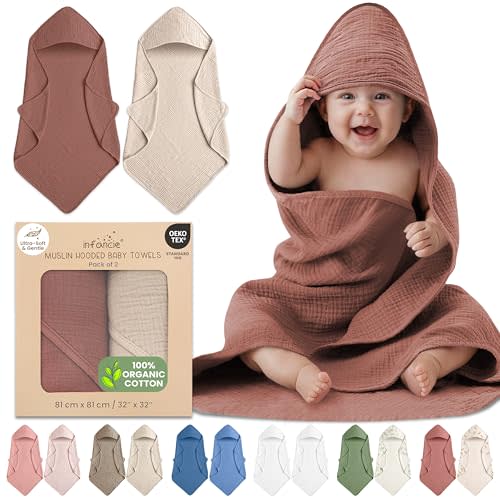 100% Organic Cotton Muslin Baby Hooded Towels 32x32 Inch – 2 Pack Soft & Absorbent Newborn Bath Towels for Boys & Girls, Premium Hooded Towels, Ultra-Gentle Baby Essentials in Rust/Ivory