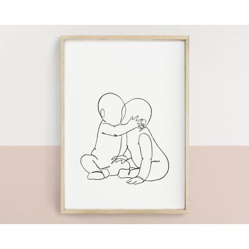 Twins nursery art print, minimalist nursery, one line drawing poster, baby twins hugging, instant download, DIGITAL DOWNLOAD