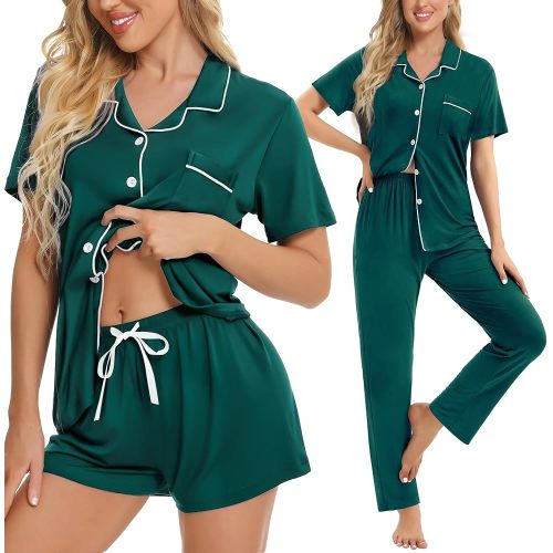 SWOMOG Womens 3pcs Button Down Pajamas Set Short Sleeve Sleepwear Bride Pj Lounge Set with Long Pants