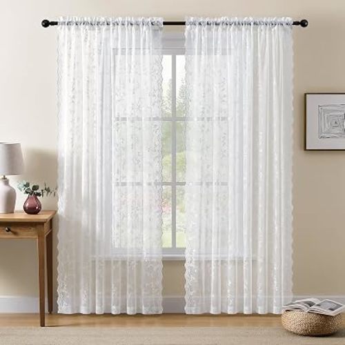 Sheer Lace Curtains 72 Inches Long, Vintage Floral Light Filtering White Lace Curtains for Living Room & Bedroom, Rod Pocket, 2 Panels Set, Branch Pattern (White, 52" W x 72" L)