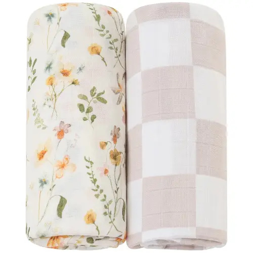 LifeTree Muslin Swaddle Blanket for Baby Girl, 2-Pack 70% Viscose Bamboo and 30% Cotton Large Swaddle Blankets (47" x 47"), Floral & Dusty Pink Checkered