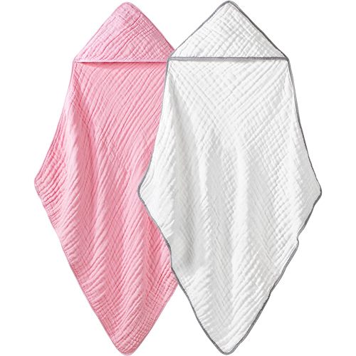 Yoofoss Baby Bath Towel 100% Muslin Cotton 2 Pack Hooded Baby Towels Large 32x32Inch Soft and Absorbent for Babie, Infant and Toddler, Newborn Essential for Boys Girls (Pink & White)