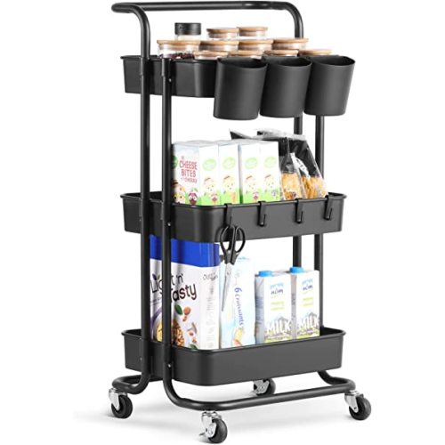 ALVOROG 3-Tier Rolling Utility Cart Movable Storage Organizer Shelves with Wheels and Hanging Cups Multifunctional Service Cart for Kitchen, Office, Coffee Bar-Black