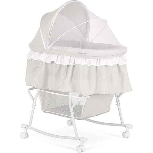 Dream On Me Lacy Portable 2-in-1 Bassinet & Cradle in Light Grey, Lightweight Baby Bassinet with Storage Basket, Adjustable and Removable Canopy