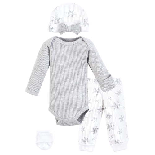 Hudson Baby Girls Thermal Preemie Layette Set 4pc Long Sleeve Outfit, Snowflake, Preemie