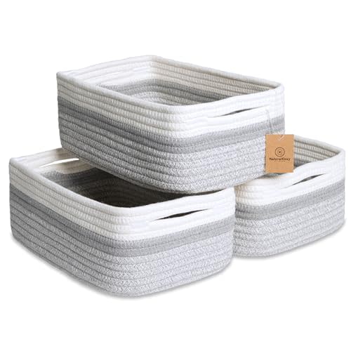 NaturalCozy 11.8"x8"x4.5” Storage Baskets for Shelves 3 Pack | Cotton Rope Woven Small Baskets for Organizing | Small Storage Bins for Nursery, Bathroom, Closet, Cube Shelf, Decorative, Gift Basket