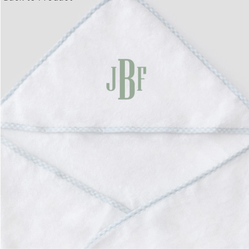 Baby Hooded Towel Set - Color: Blue Gingham - Embroidery: Hudson - Initials: JBF - Color: Green