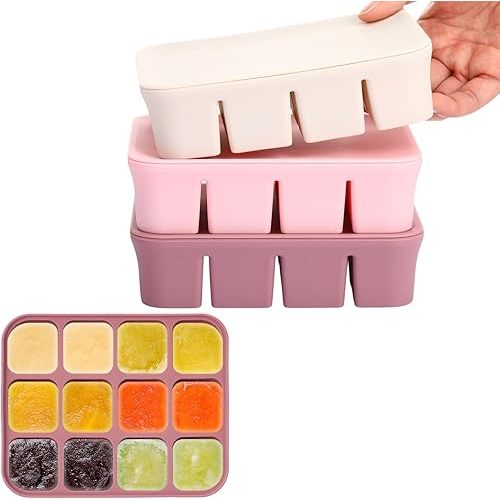 3 Pack Baby Food Freezer Tray with Lids 2.8 oz x 12 Cups Silicone Baby Food Storage Container Ice Cube Freezer Molds for Homemade Vegetable Fruit Purees Snack(12 Cups,Purple, Pink, White)