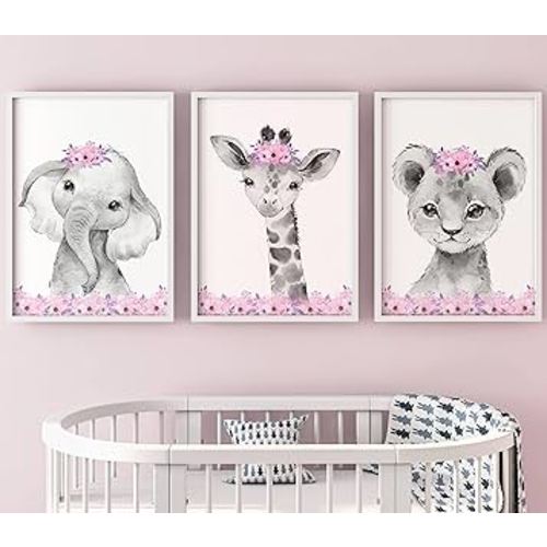 Safari Animals Baby Girls Nursery Set of 3 Unframed Wall Art Prints, Gray Baby Animals with Pink Flowers, Child Bedroom Nursery Decor Posters, Giraffe Elephant Lion (8x10)