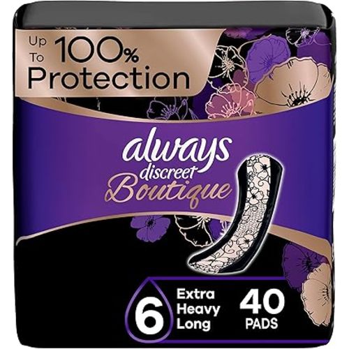 Always Discreet Boutique Incontinence Pads, for Bladder Leaks, Extra Heavy Absorbency, Long Length, 20 Count x 2 Packs (40 Count Total) (Packaging May Vary)