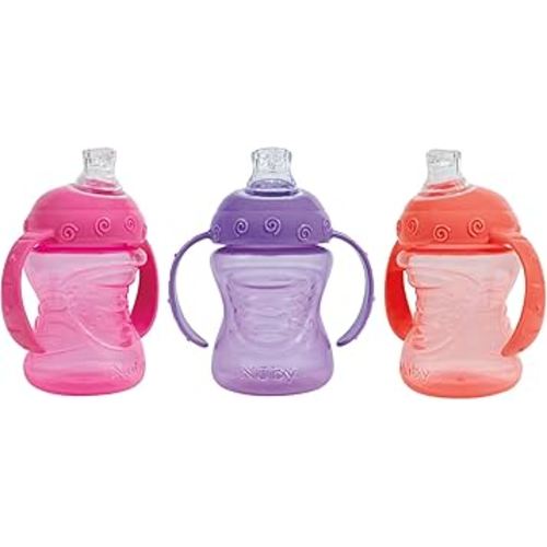 Nuby 3-Pack Two-Handle No-Spill Super Spout Grip N' Sip Cup, 8oz, 3 PK - Coral, Pink, Purple