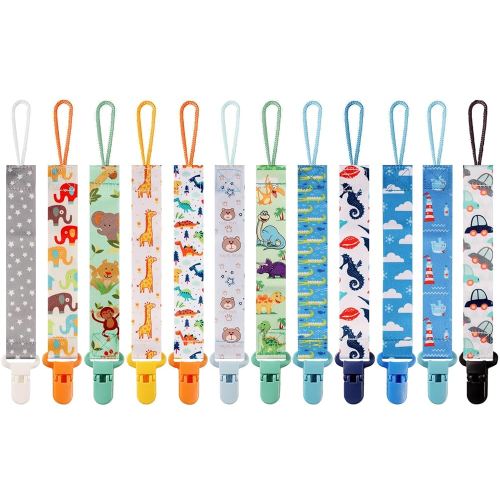 12 Pack Pacifier Clips with Strap 25.5cm - Premium Polyester Baby Pacifier Holder Set, Multi-Design Clips for Boys Girls （Multi Color C）