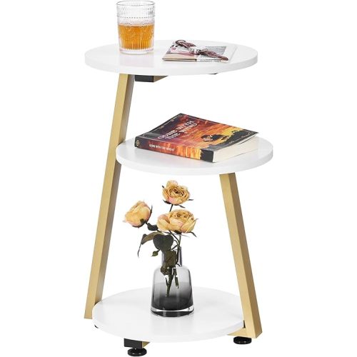 BEWISHOME Round End Table Side Table with Metal Frame, Accent Bedside Table Nightstand with 3-Tier Shelves, Small Couch Table for Living Room Bedroom White Gold KTZ41M