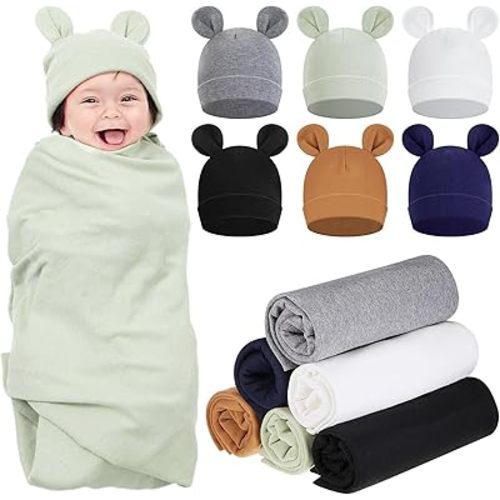 Ramede 6 Sets 100% Cotton Baby Swaddle Blankets Swaddling Wrap with Hats Nursery Receiving Blanket for 0-3 Mouths Unisex Baby Soft Silky & Breathable 31.5X 31.5in(Simple,Multicolor)