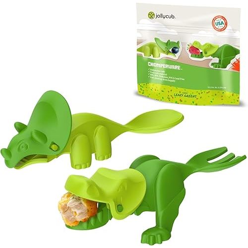 Jollycub® Interactive Toddler Utensils, Dino Chomperware™, Kids Silverware Set, BPA Free, Made in USA (Leafy Greens)