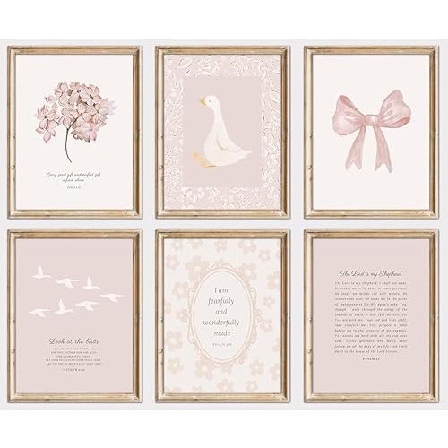 Kizbok Pink Christian Nursery Wall Art, Cute Bible Verse Art Prints Girl Nursery Room Decor, Vintage Coquette Bow Poster Jesus Boho Scripture Aesthetic Pictures, Floral Wall Decor for Bedroom - Unframed