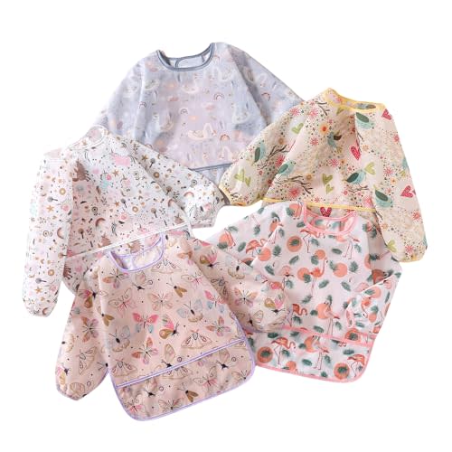 YeeLauf Sleeved Bib,5 Pack,Waterproof Shirt Bibs for Baby 3-24 Months Wipe Clean