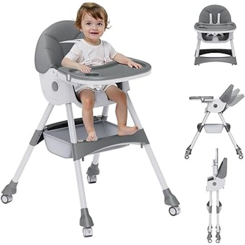 High Chairs for Babies and Toddlers, 4 in 1 Convertible Baby High Chair, Portable High Chair for Travel with Adjustable Height and Back, Foldable HighChair with Wheels& Pu Cushion (Grey)