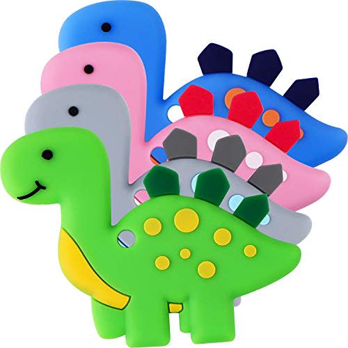 Teething Toys (4 Packs) - Tinabless Infant Dinosaur Teether Set, Natural Organic Freezer Safe for Infants and Toddlers, Silicone Baby Teethers