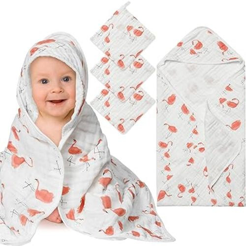 4Pcs Muslin Baby Hooded Towel & Washcloth Set Pink Flamingos Cotton Absorbent Bath Towels Blanket with Hood Newborn Toddlers Infant Boys Girls Shower Gift for Baby Cleanups and Bathing