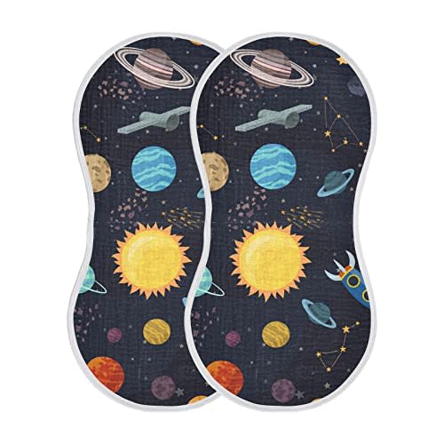 Kigai Carton Space Spaceships Muslin Baby Burp Cloths, Large Absorbent Cotton Muslin Burp Cloths Set of 1, Washcloths, Face Towel, Bibs for Newborn Boys Girls, 11 x22 Inch