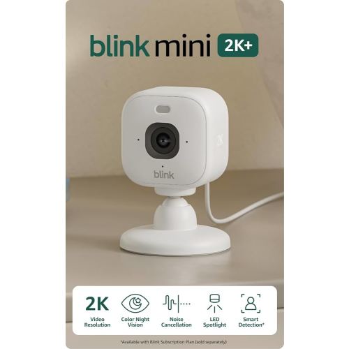 Blink Mini 2K+ (newest model) – Plug-in Home & Pet Security Camera with 2K video resolution, color night vision, enhanced audio, motion detection – 2 cameras (White)