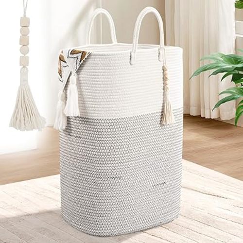 Woven Laundry Basket for Clothes, 65L Large Rectangle Laundry Hampers, Nursery Storage Basket for Toys, Tall Dirty Clothes Hamper for Bedroom Aesthetic, Bathroom, Laundry Room