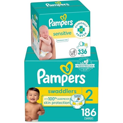 Diapers Size 2, 186 Count and Baby Wipes - Pampers Swaddlers Disposable Baby Diapers and Water Baby Wipes Sensitive Pop-Top Packs, 336 Count (Packaging May Vary)