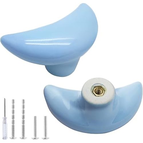 2pcs Ceramic Cabinet Knobs Blue Drawer Knobs, Moon Shaped Dresser Knobs Cute Kitchen Cabinet Pull Handles, Small Vanity Knobs Hardware Closet Cupboard Knobs for Kids Girls Children's Bedroom