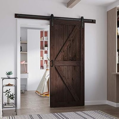 FREDBECK 36in x 84in Brown Barn Door with 6.6ft (79inch) Barn Door Hardware Track Kit and Handle Included, Double Surfaces,Simple Assembly is Required,K-Frame,Coffee