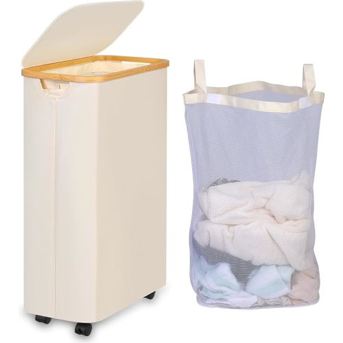 iEGrow 75L Slim Laundry Hamper, Narrow Laundry Basket with Lid,Foldable Clothes Hamper with Wheels,Hamper Basket with Removable Inner Bag for Laundry Room Bedroom College Dorm,17.17 Gals Grey