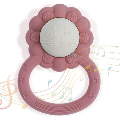 Rattle Teether, Lion Shape Montessori Baby Sensory Teething Toys, Food Grade Silicone BPA Free, Newborn Essentials Must Haves (Shifting Sand Powder Rose)