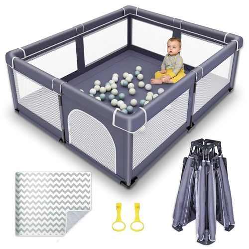 Foldable Baby Playpen with Mat, Large Foldable Playpen for Babies and Toddlers, Folding Baby Activity Center, Portable Play Yard with 2 Handlers + Suitable Size Mat(Grey, 59x71 inches) - New Foldable 59"x71" with Mat