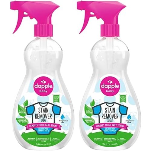Stain Remover Spray by Dapple Baby, Fragrance Free, 16.9 Fl Oz Spray Bottle - Hypoallergenic & Powered by Plants - Baby Laundry Stain Remover for Clothes & Cloth Diapers (Pack of 2)