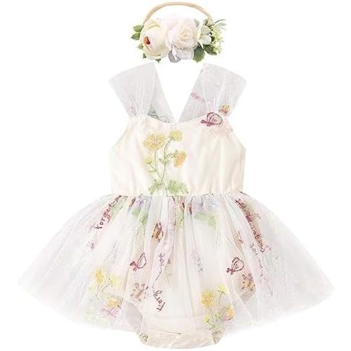 ODASDO Infant Baby Girl Tulle Romper Flower Embroidery Princess Bodysuit with Headband Birthday Party Cake Smash Outfit